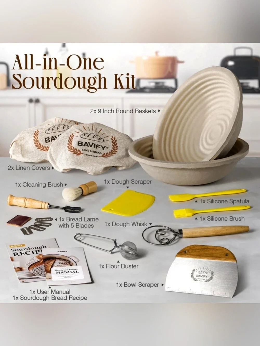 Natural Proofing Basket & Sourdough Tool Set - Beige